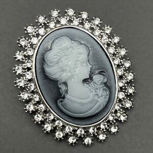 Silver with White Diamond Crystal Victorian Lady Maiden Cameo Pin Back Brooch